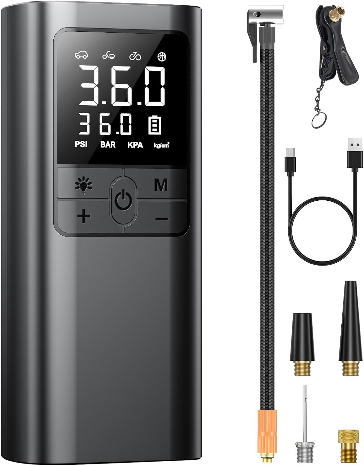 AAL コードレス電動空気入れ 8016 本体と付属ノズル・USB-Cケーブル