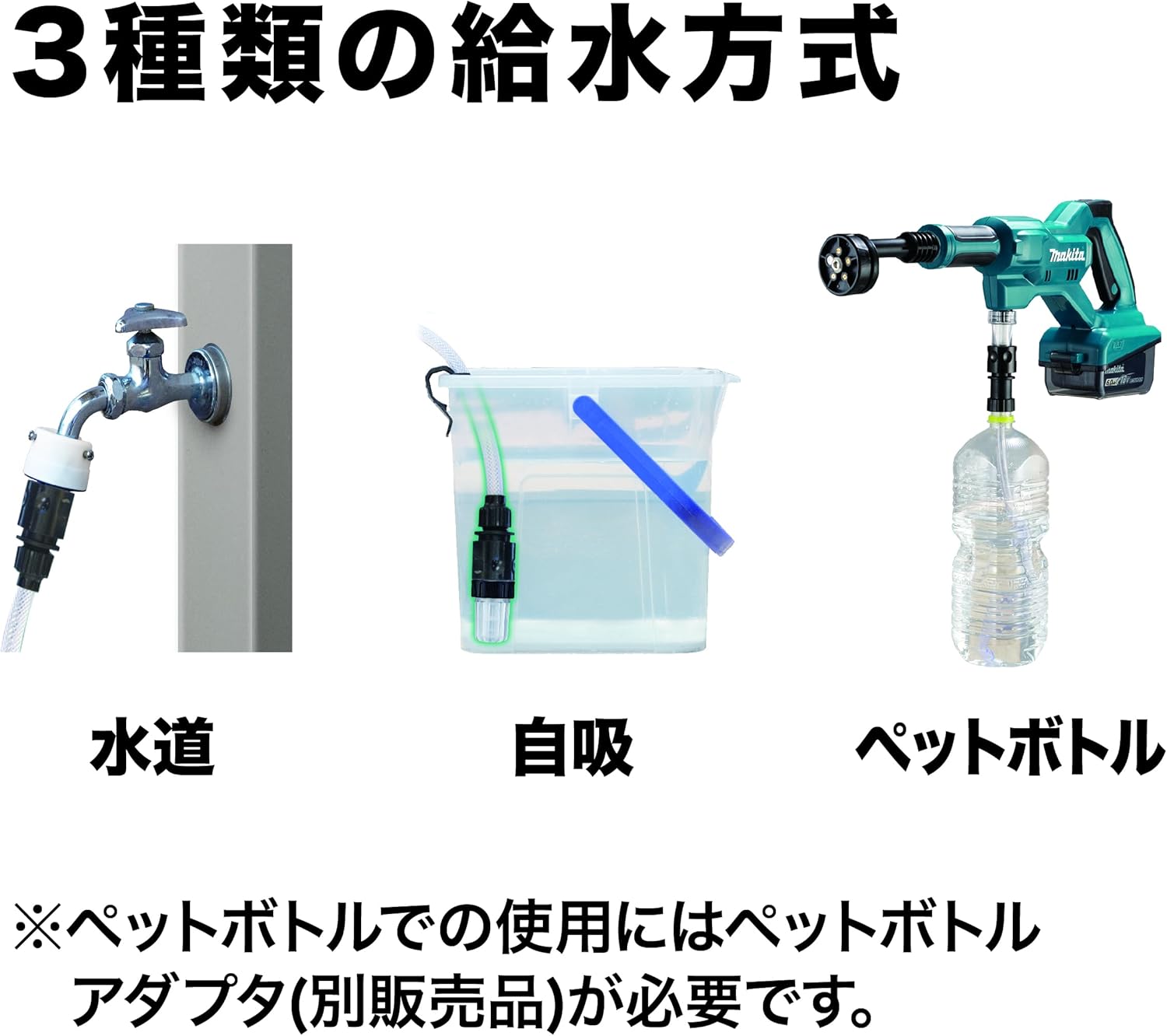 マキタ MHW180DZの3種類の給水方式（水道・自吸・ペットボトル）の説明図