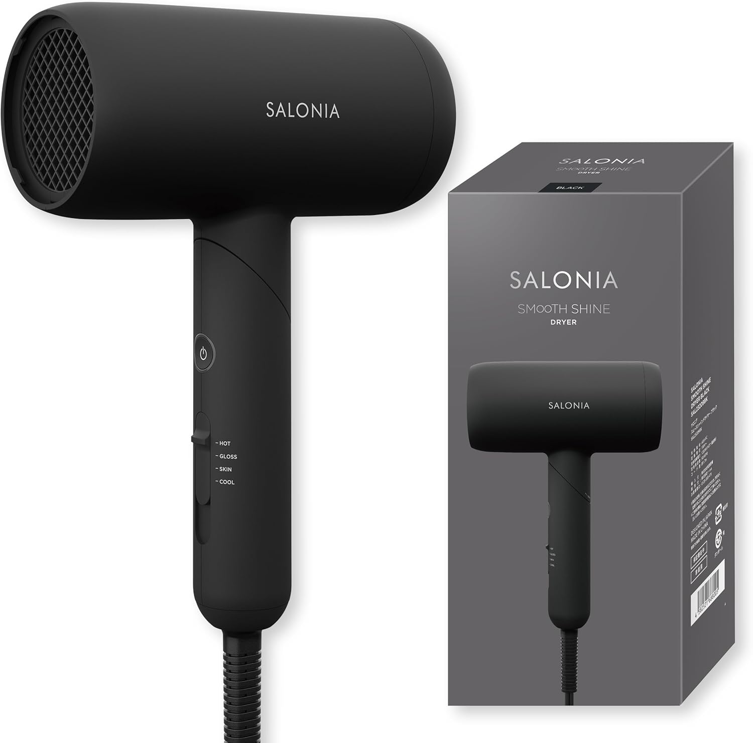SALONIA スムースシャインドライヤー SAL23209BK ブラック 本体とパッケージ